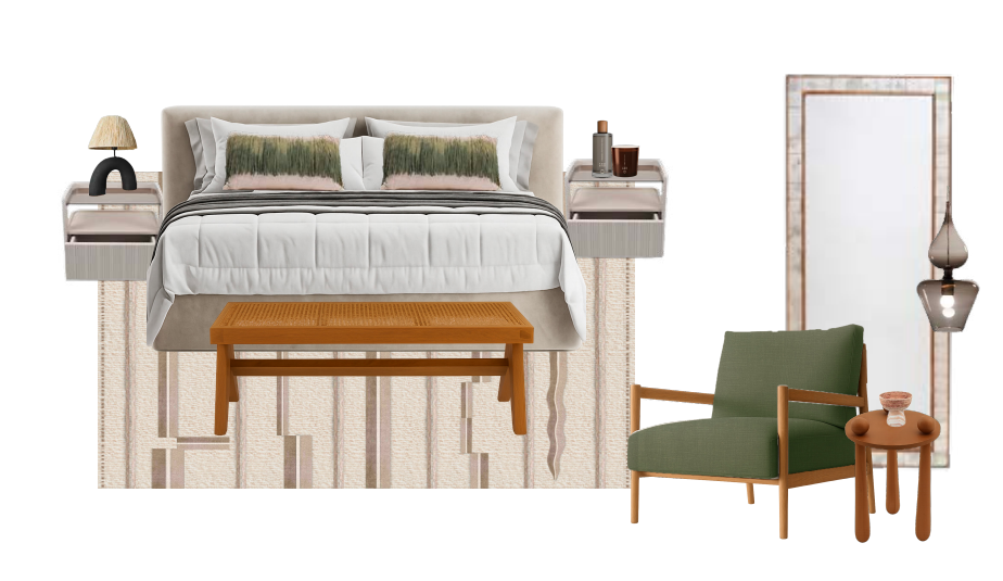 Modern bedroom furniture set with bed, chair, and side table on a white background