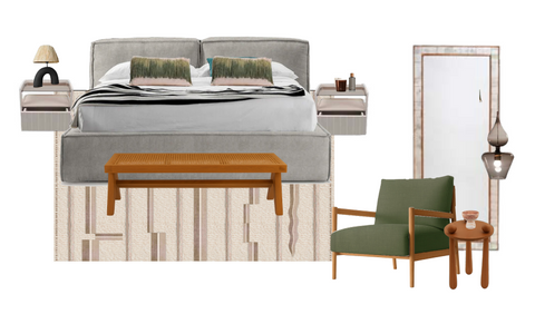 Modern bedroom setup with bed, bench, chair, and side table on a white background