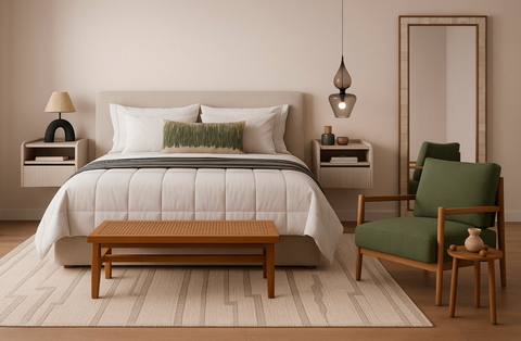 Modern bedroom with bed, nightstands, coffee table, and armchair.