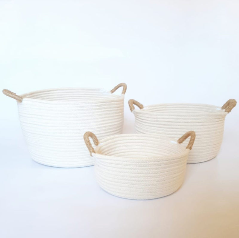 Set of 3 Round Ivory Cotton Baskets